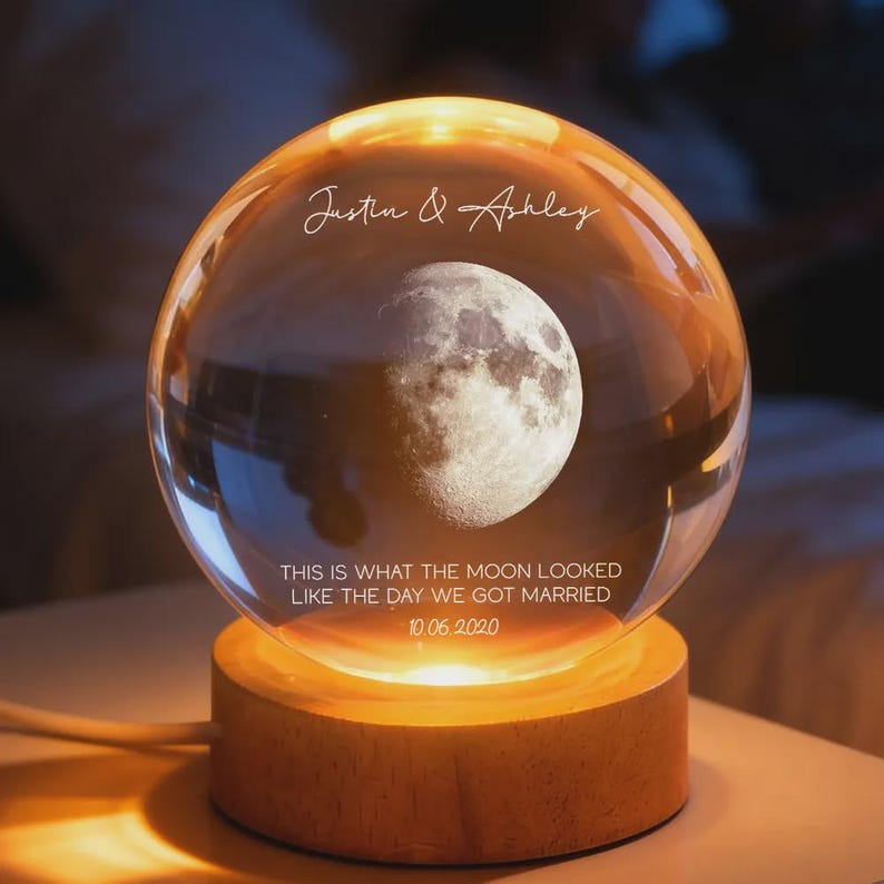 Personalized Moon Phase Crystal Ball Night Light, Engraved Couple, Anniversary Gift