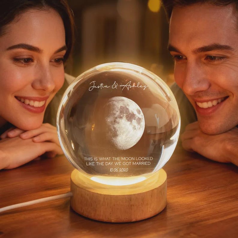 Personalized Moon Phase Crystal Ball Night Light, Engraved Couple, Anniversary Gift