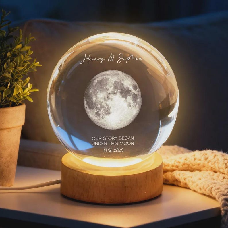 Personalized Moon Phase Crystal Ball Night Light, Engraved Couple, Anniversary Gift