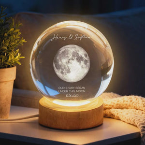 Personalized Moon Phase Crystal Ball Night Light, Engraved Couple, Anniversary Gift