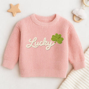 Lucky Charm Baby Hand Embroidered Toddler Sweaters, St Patrick s Day Shamrock Outfit, Lucky Clover Toddler 1st Birthday Gift, Kids sweater