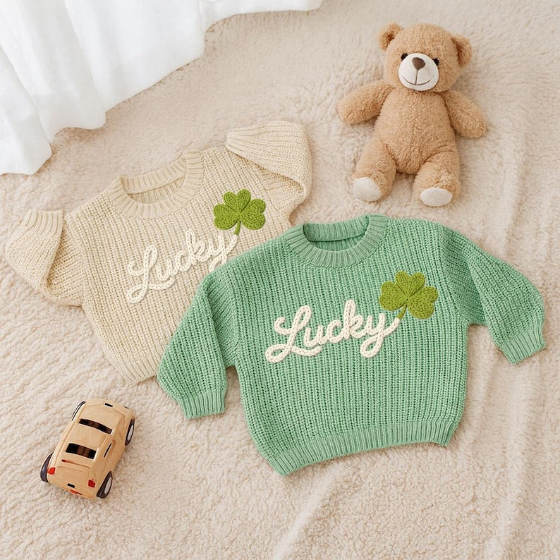 Lucky Charm Baby Hand Embroidered Toddler Sweaters, St Patrick s Day Shamrock Outfit, Lucky Clover Toddler 1st Birthday Gift, Kids sweater