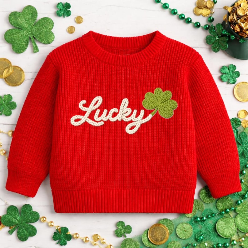 Lucky Charm Baby Hand Embroidered Toddler Sweaters, St Patrick s Day Shamrock Outfit, Lucky Clover Toddler 1st Birthday Gift, Kids sweater