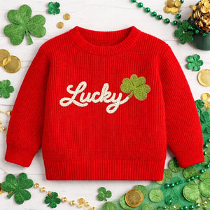 Lucky Charm Baby Hand Embroidered Toddler Sweaters, St Patrick s Day Shamrock Outfit, Lucky Clover Toddler 1st Birthday Gift, Kids sweater