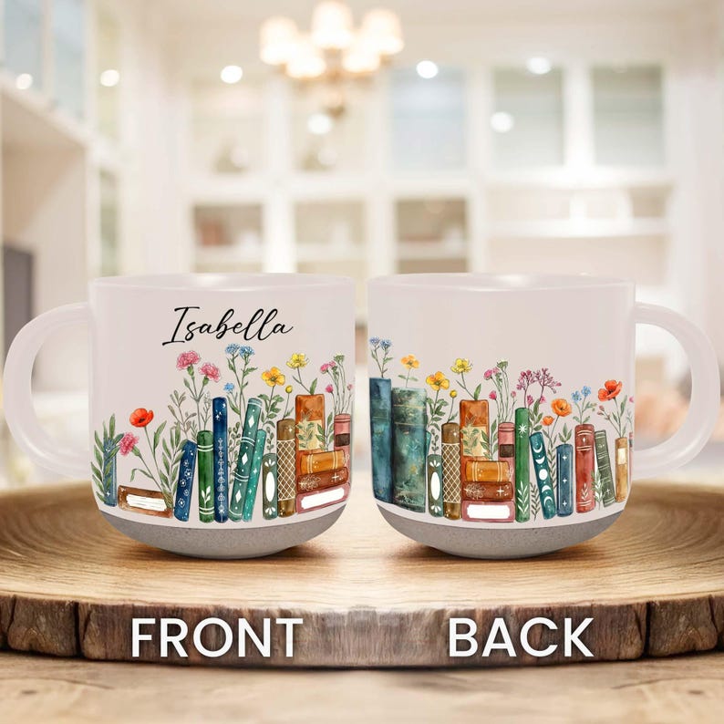 Personalized Floral Books Pottery Mug, Floral Bookish Gifts For Reader, Reading Coffee Cup, Floral Bookshelf Coffee Mug, Book Lover Gift