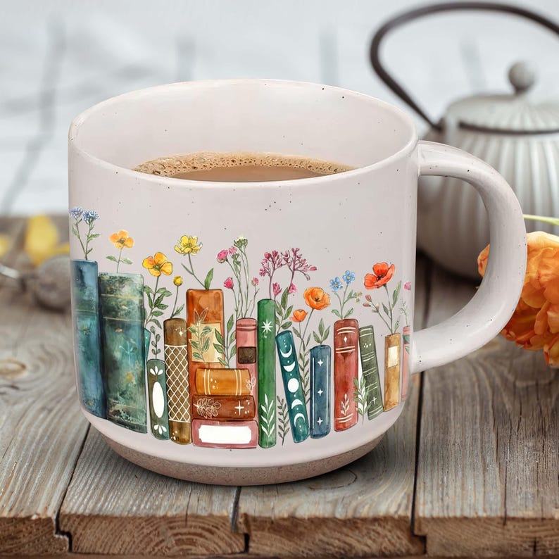 Personalized Floral Books Pottery Mug, Floral Bookish Gifts For Reader, Reading Coffee Cup, Floral Bookshelf Coffee Mug, Book Lover Gift