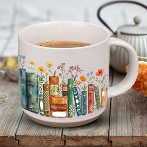 Personalized Floral Books Pottery Mug, Floral Bookish Gifts For Reader, Reading Coffee Cup, Floral Bookshelf Coffee Mug, Book Lover Gift