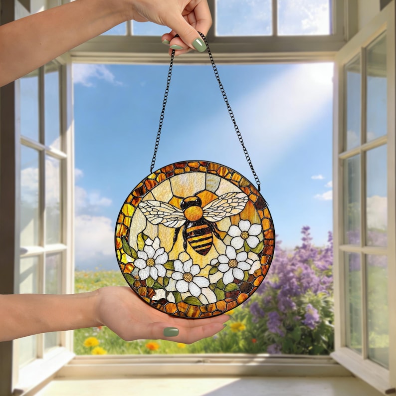 Custom Bee Stained Glass Suncatcher Window Hangings Bumble Bee Honeybee Bee Garden Art Mother's Day Gift Grandma Bee Gift