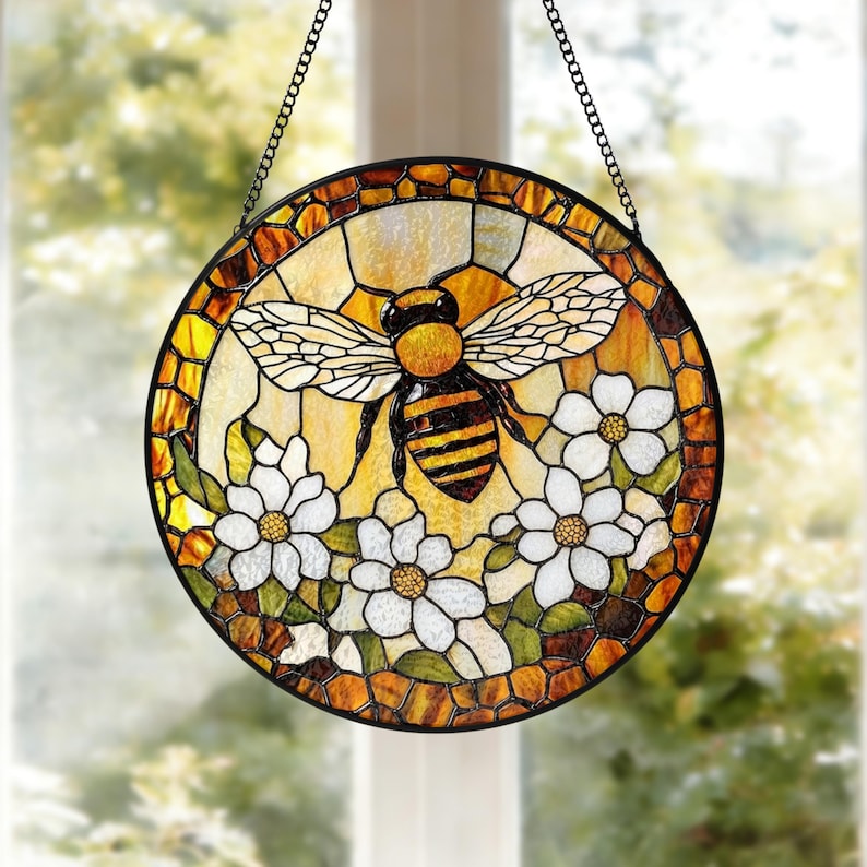 Custom Bee Stained Glass Suncatcher Window Hangings Bumble Bee Honeybee Bee Garden Art Mother's Day Gift Grandma Bee Gift
