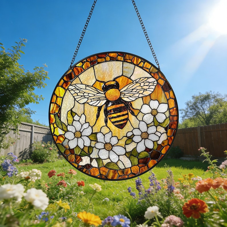 Custom Bee Stained Glass Suncatcher Window Hangings Bumble Bee Honeybee Bee Garden Art Mother's Day Gift Grandma Bee Gift