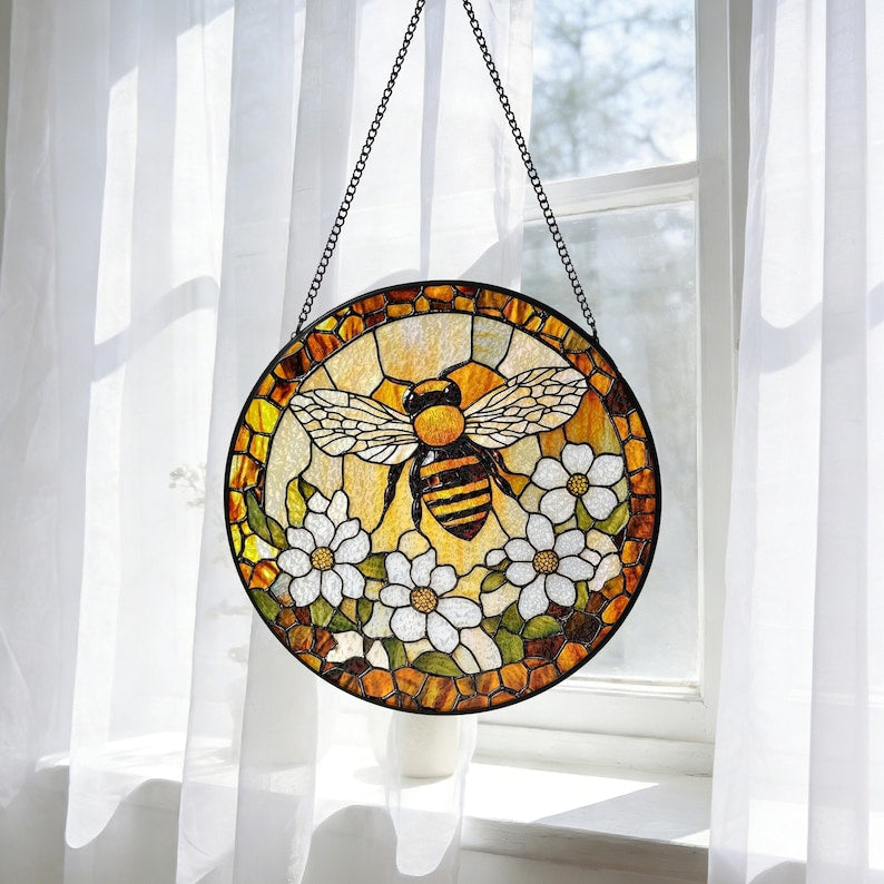 Custom Bee Stained Glass Suncatcher Window Hangings Bumble Bee Honeybee Bee Garden Art Mother's Day Gift Grandma Bee Gift