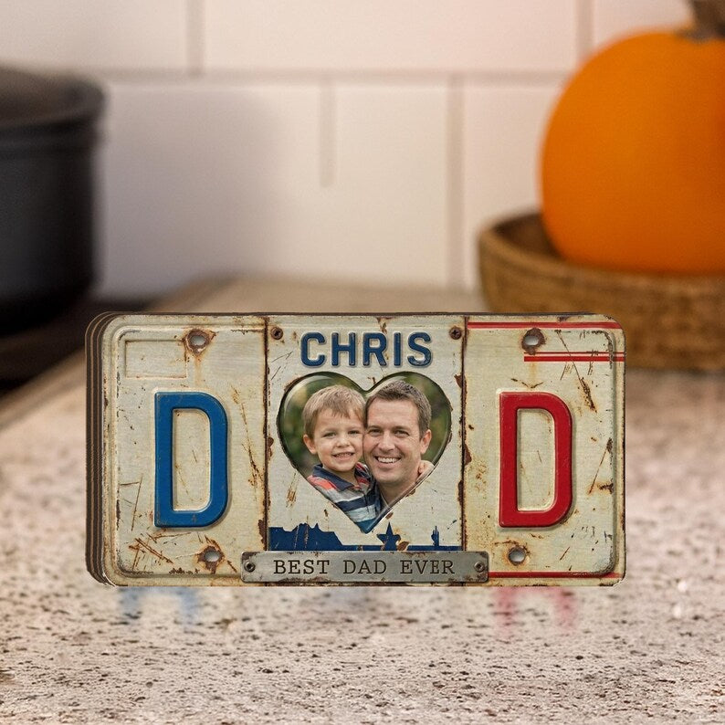 Personalized Wooden Block: Vintage License Plate Design, Dad Gift