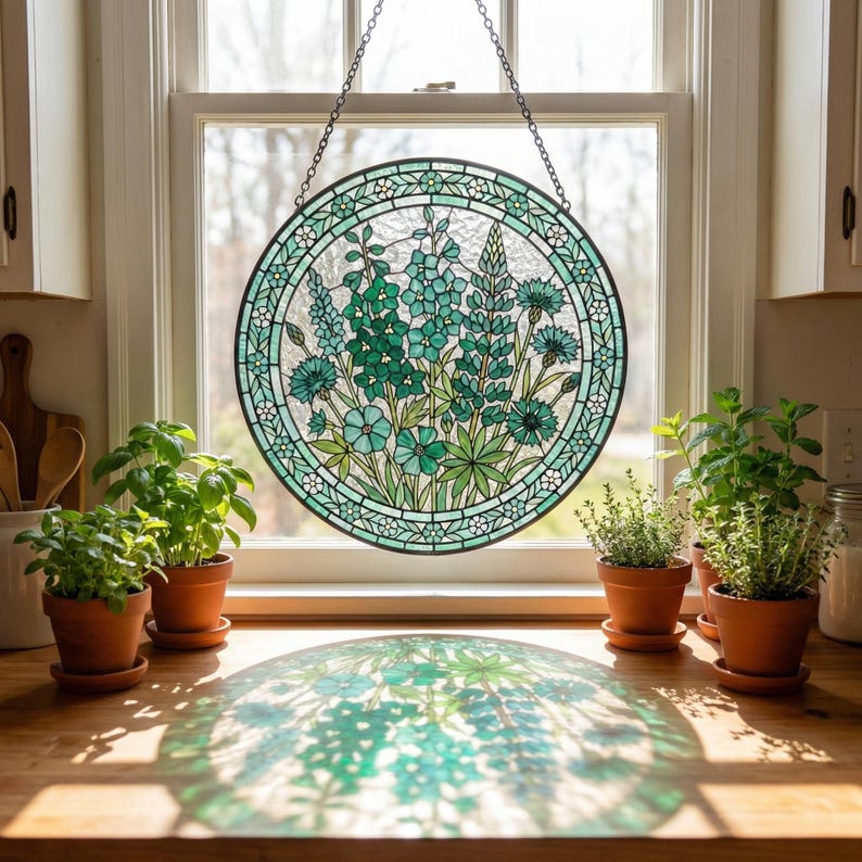 Blue Wildflower Stained Glass Suncatcher - Botanical Glass Window Hanging - Personalized Birthday Gift for Her