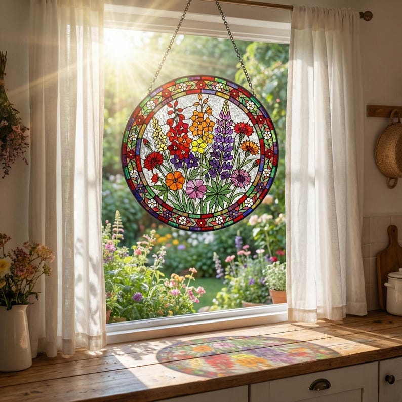 Blue Wildflower Stained Glass Suncatcher - Botanical Glass Window Hanging - Personalized Birthday Gift for Her