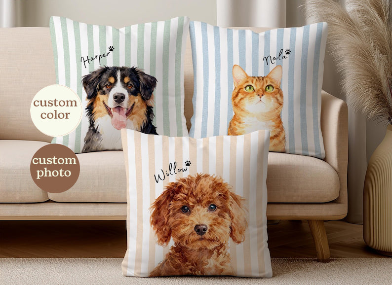 Custom Striped Pet Pillow Using Pet Photo + Name Custom Cat Dog Pillow Personalized Cat Cases Cat Picture Pillow Pet Picture Cushion