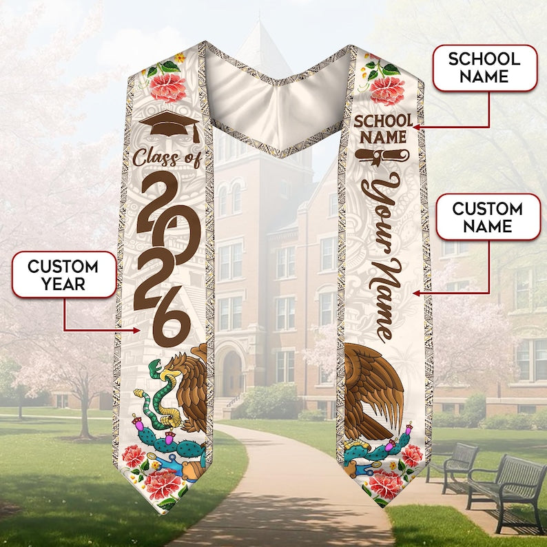 Personalized Mexican Graduation Sash, Mexican Flag Graduation Sash, Mexico Stole, Mexican Graduation Stole 2026, Custom Name & School Stole