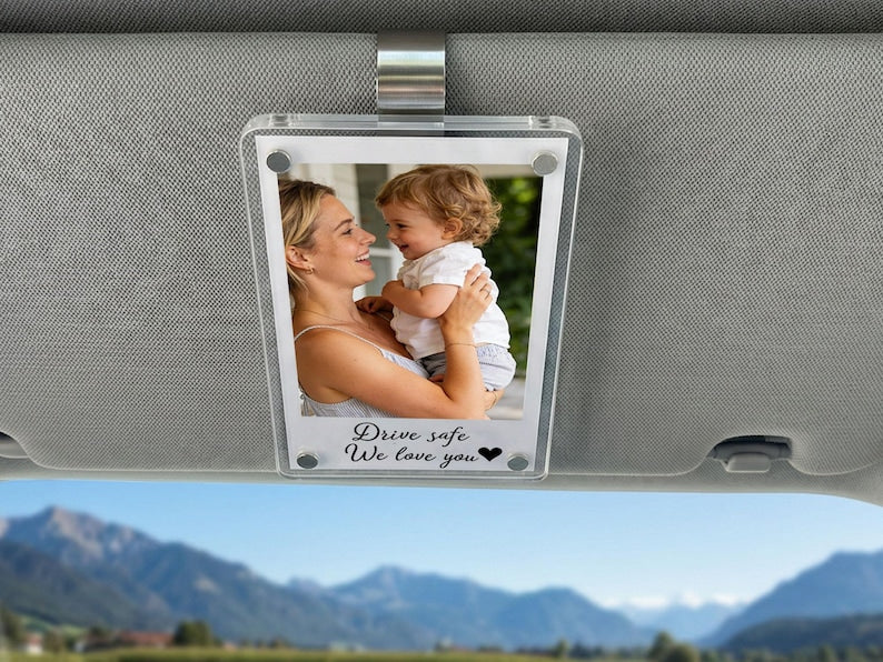 Personalized Couple Photo Car Visor Clip with Drive Safe Message, Unique Romantic Car Accessory Gift for Boyfriend