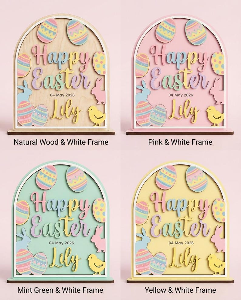 Easter Wood Decor Sign Custom Name Date Easter Plaque Kids First Easter Gift Nursery Spring Tabletop Decor Arched Bunny Wood Sign