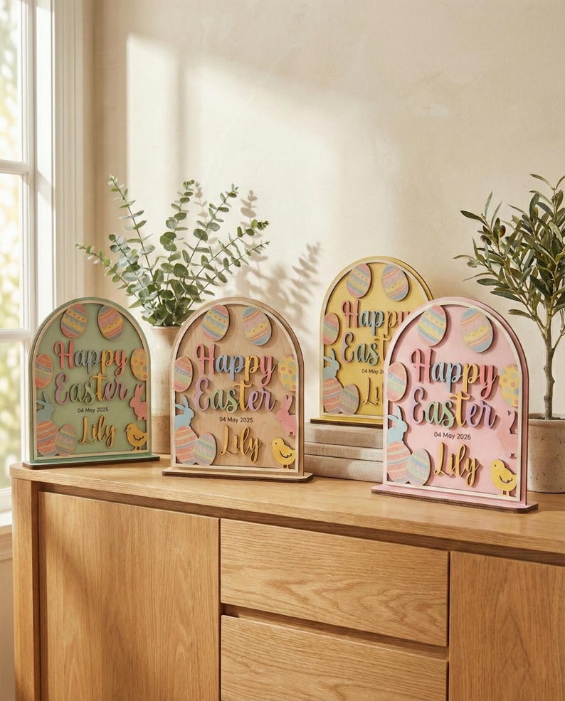 Easter Wood Decor Sign Custom Name Date Easter Plaque Kids First Easter Gift Nursery Spring Tabletop Decor Arched Bunny Wood Sign