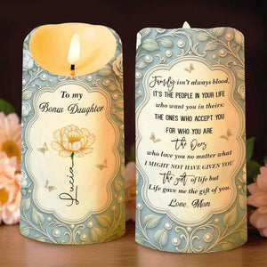 Personalized To My Bonus Daughter LED Candle, Custom Birth Flower Decor Gift For Daughter-In-Law From Mom Family, Birthday Keepsake Gift
