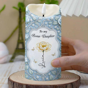 Personalized To My Bonus Daughter LED Candle, Custom Birth Flower Decor Gift For Daughter-In-Law From Mom Family, Birthday Keepsake Gift