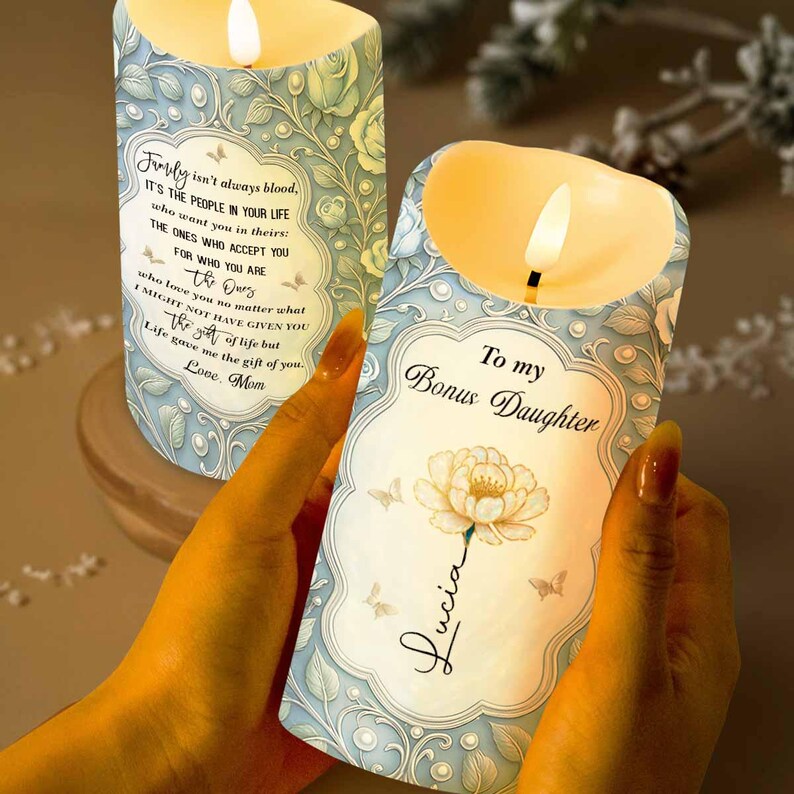 Personalized To My Bonus Daughter LED Candle, Custom Birth Flower Decor Gift For Daughter-In-Law From Mom Family, Birthday Keepsake Gift