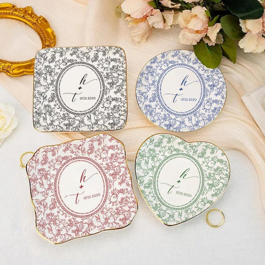 Personalized Jewelry Dish with Initials and Date, Custom Ring Dish for Couples, Floral Trinket Tray, Wedding Anniversary Gift