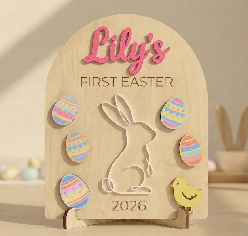 Baby First Easter Wood Sign - Custom Name & Color Easter Decor - Arched Wooden Plaque with Stand - Kids Keepsake Gift - 2026 Decor