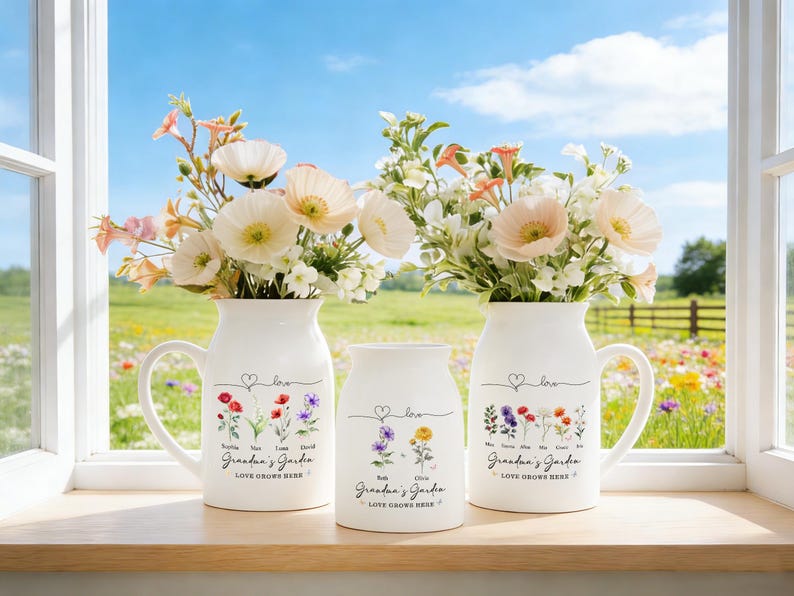 Personalized Grandma's Garden Vase, Birth Flower Vase, Gift for Mom Nana, Mothers Day Gift from Kids Grandkids, Ceramic Flower Vase
