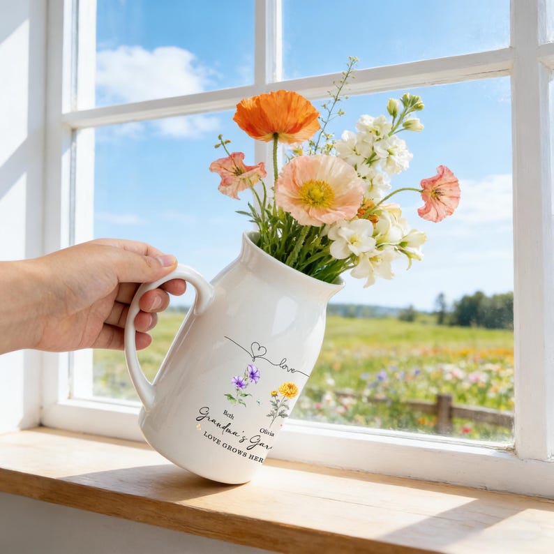 Personalized Grandma's Garden Vase, Birth Flower Vase, Gift for Mom Nana, Mothers Day Gift from Kids Grandkids, Ceramic Flower Vase