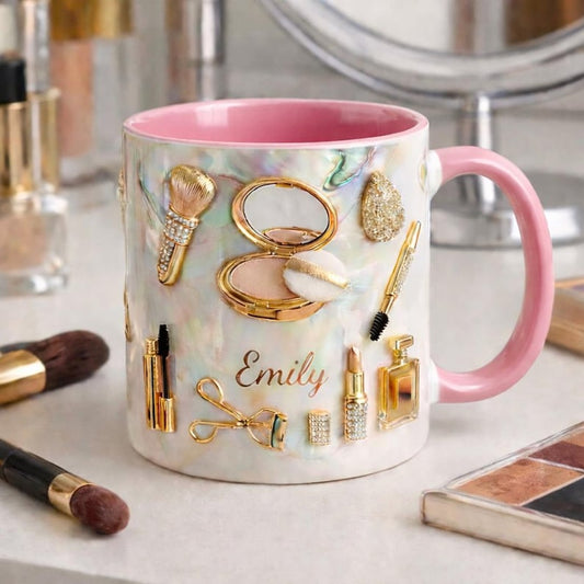 Personalized Makeup Lover Mug, Custom Name Beauty Coffee Cup, Luxury Gold Cosmetics Mug, Glam Feminine Mug Gift for Her