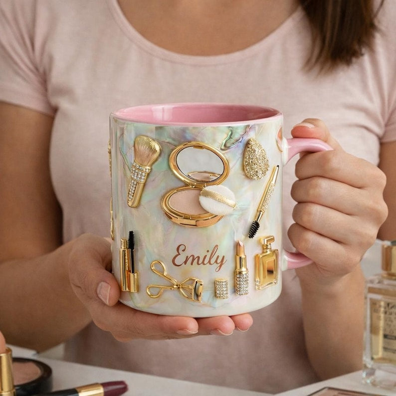 Personalized Makeup Lover Mug, Custom Name Beauty Coffee Cup, Luxury Gold Cosmetics Mug, Glam Feminine Mug Gift for Her