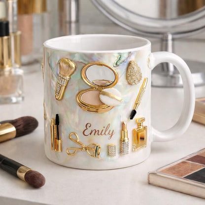 Personalized Makeup Lover Mug, Custom Name Beauty Coffee Cup, Luxury Gold Cosmetics Mug, Glam Feminine Mug Gift for Her