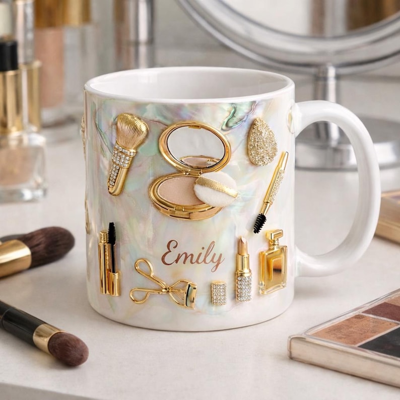 Personalized Makeup Lover Mug, Custom Name Beauty Coffee Cup, Luxury Gold Cosmetics Mug, Glam Feminine Mug Gift for Her
