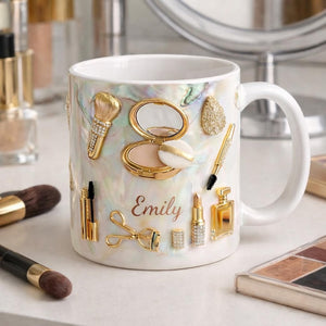 Personalized Makeup Lover Mug, Custom Name Beauty Coffee Cup, Luxury Gold Cosmetics Mug, Glam Feminine Mug Gift for Her