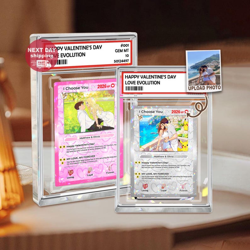 Personalized PKM Valentine s Day Card, Custom Anime Photo Card, Game Couple Card Acrylic Blocks, Valentine Gift, Gift for Game Couples