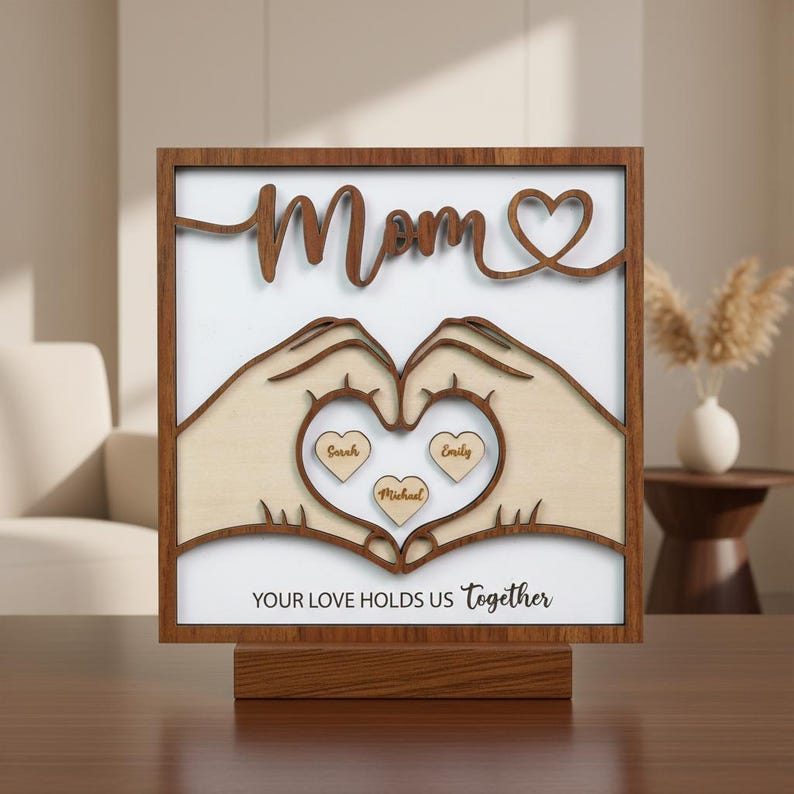 Personalized Mom Family Wood Sign, Custom Names Heart Hands Design, Mother s Day Gift for Mom, Family Home Decor Keepsake