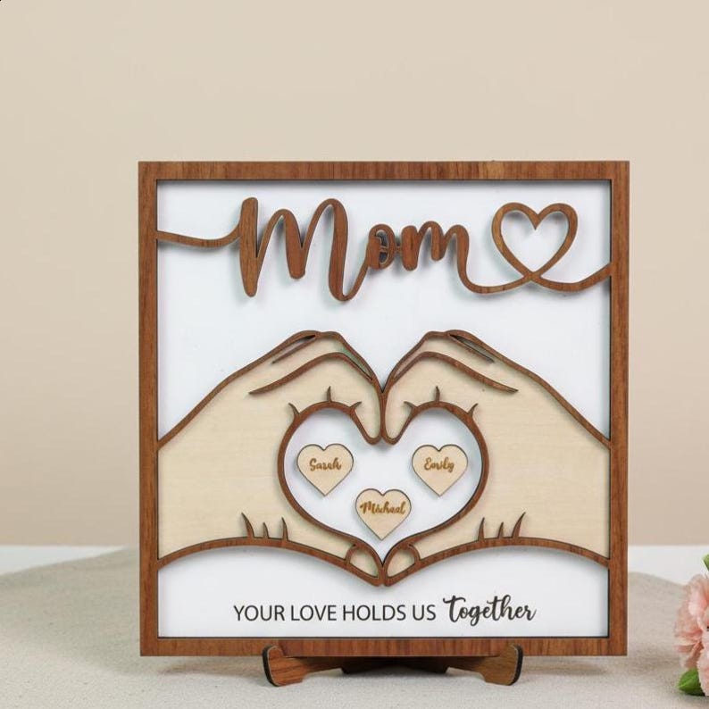 Personalized Mom Family Wood Sign, Custom Names Heart Hands Design, Mother s Day Gift for Mom, Family Home Decor Keepsake