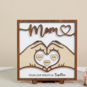 Personalized Mom Family Wood Sign, Custom Names Heart Hands Design, Mother s Day Gift for Mom, Family Home Decor Keepsake