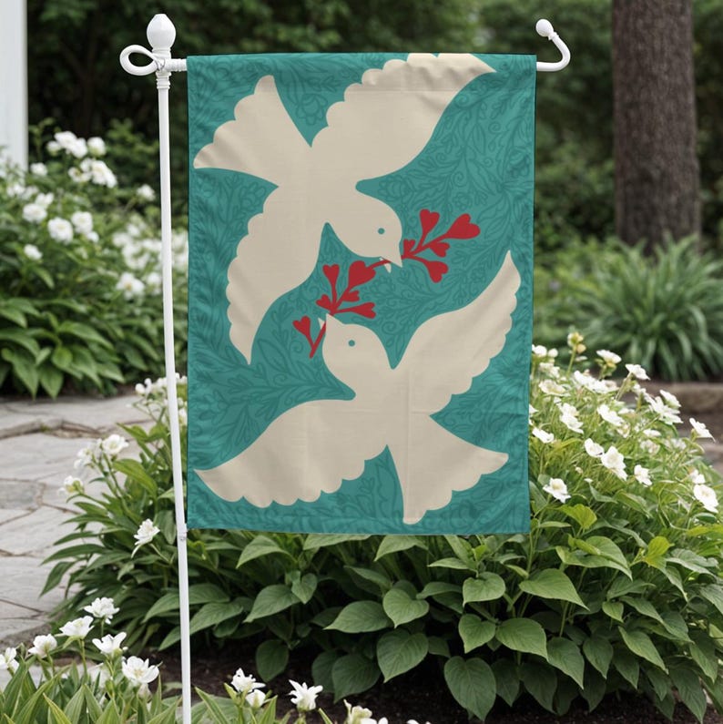 Peace Love Doves Floral Garden Flag Joyful Spring Porch Decor With Modern Folk Art