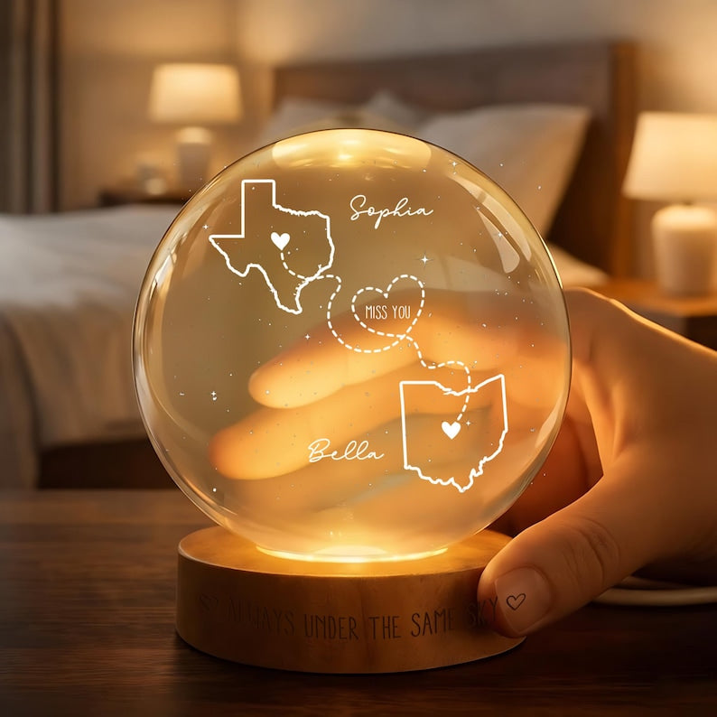 Custom Two-State Map Crystal Ball Night Light, Long Distance Relationship Gifts, Custom Gift for Best Friend, Valentines Day Gift for Couple
