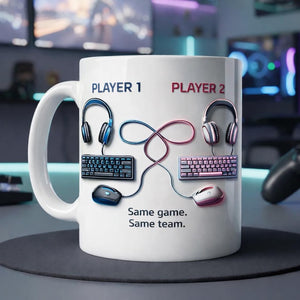 Personalized Player 1 Player 2 Gamer Coffee Mug, Same Game Same Team Couple Mug, Custom Gaming Mug Gift for Couples