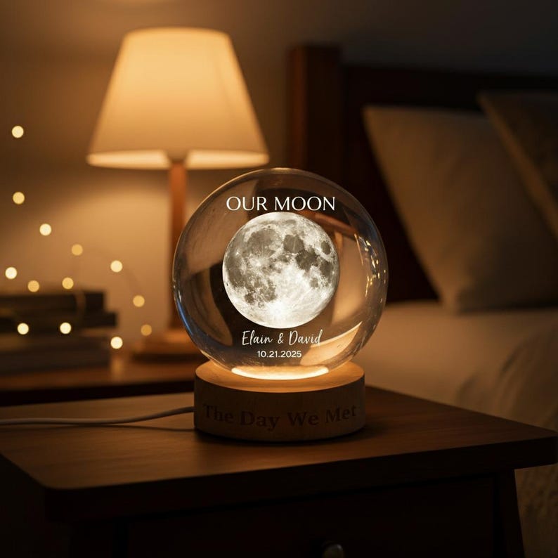 Our Moon Special Day Custom Moon Phase, Personalized Crystal Ball LED Night Light, Valentine's Day Gift For Couple, Husband, Boyfriend, Wife
