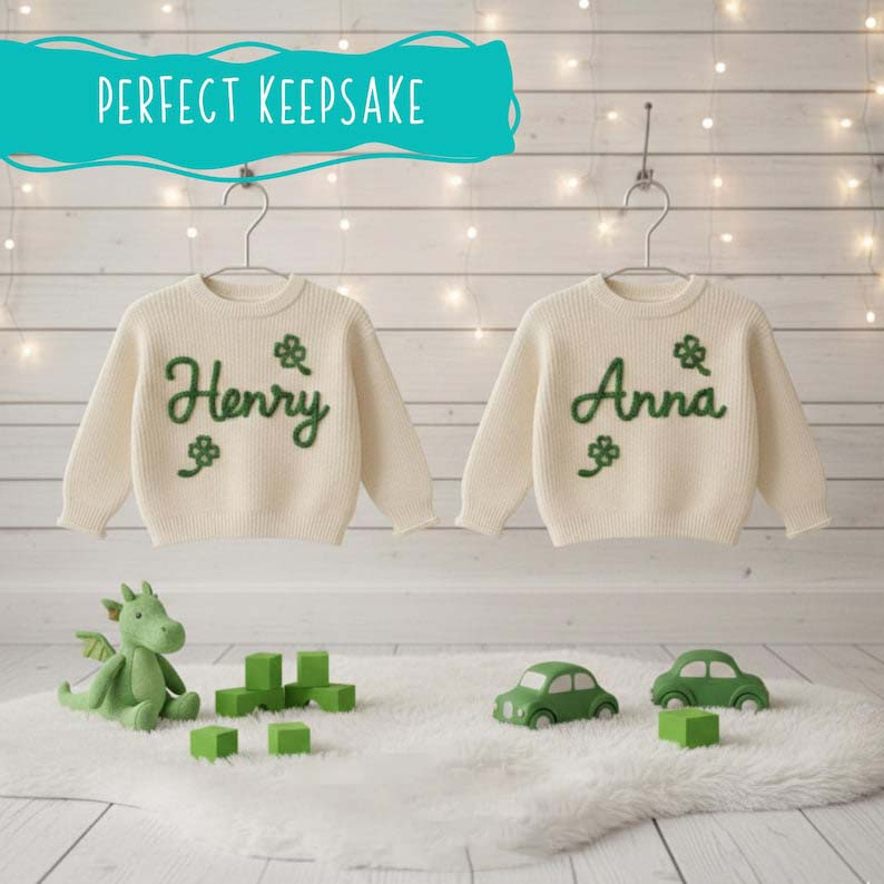 Personalized Hand Embroidered St Patrick's Day Sweater: Shamrock Clover Keepsake
