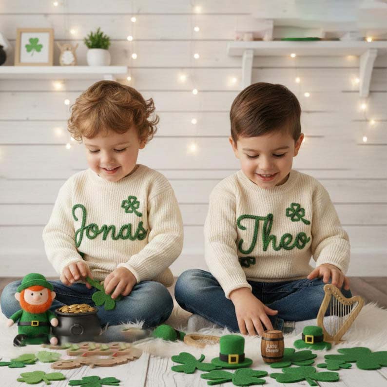 Personalized Hand Embroidered St Patrick's Day Sweater: Shamrock Clover Keepsake