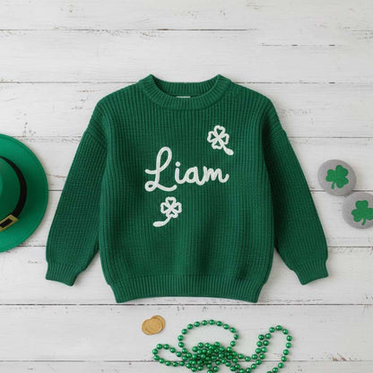 Personalized Hand Embroidered St Patrick's Day Sweater: Shamrock Clover Keepsake