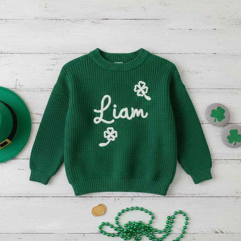 Personalized Hand Embroidered St Patrick's Day Sweater: Shamrock Clover Keepsake