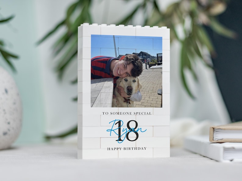 Personalised 18th Birthday Gifts for Him, Photo Building Block Keepsake for Son or Boy, Milestone Birthday Memory Gift