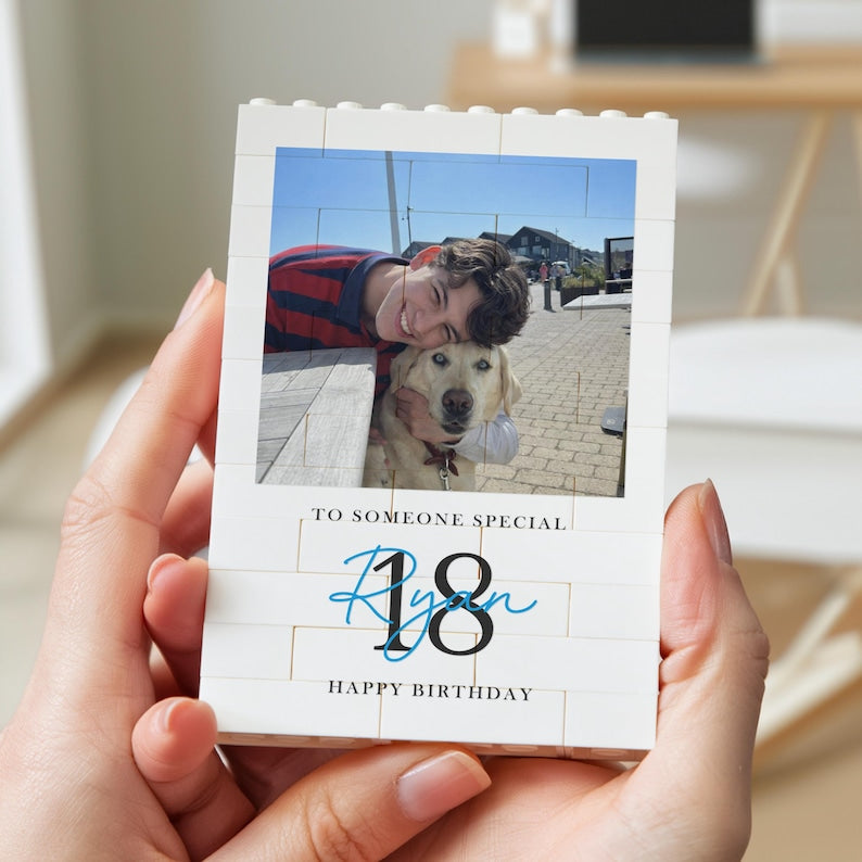 Personalised 18th Birthday Gifts for Him, Photo Building Block Keepsake for Son or Boy, Milestone Birthday Memory Gift