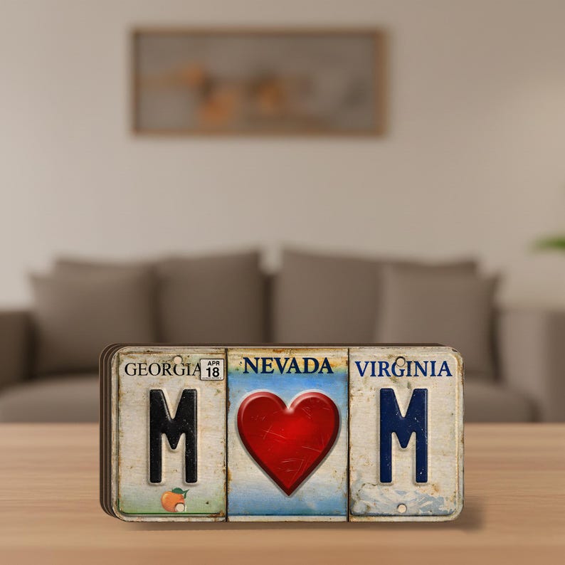 Custom License Plate Style Wooden Blocks State Letters Home Shelf Decor, Gift For Mom, Mother License Plate